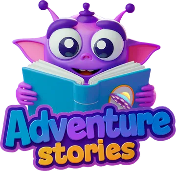 Juno, a friendly purple alien, reading a big blue book above the words Adventure Stories