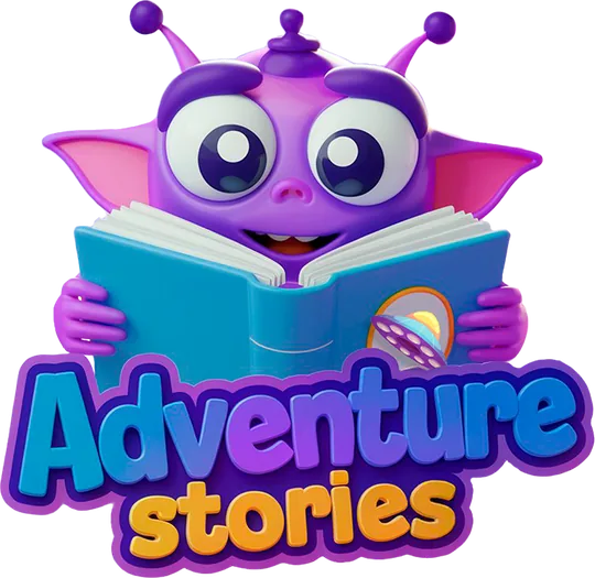 Juno, a friendly purple alien, reading a big blue book above the words Adventure Stories